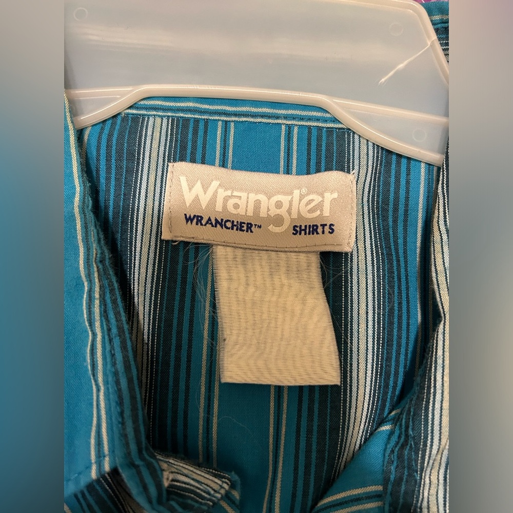 Wrangler Wrancher Western Pearl Snap Shirt Blue Striped Cowboy Rodeo Mens Medium - Picture 2 of 5